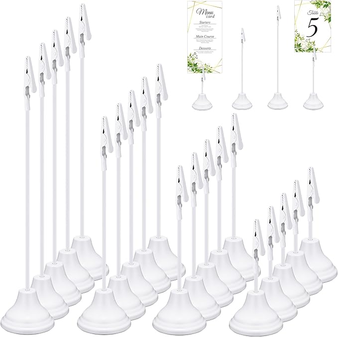 20 Pcs Table Number Holders 4/6/8/10 Inch Metal Place Card Holders with Alligator Clip Heavy Base Wedding Table Number Stand Picture Photo Clip for Banquet Party Birthday Restaurant(White)