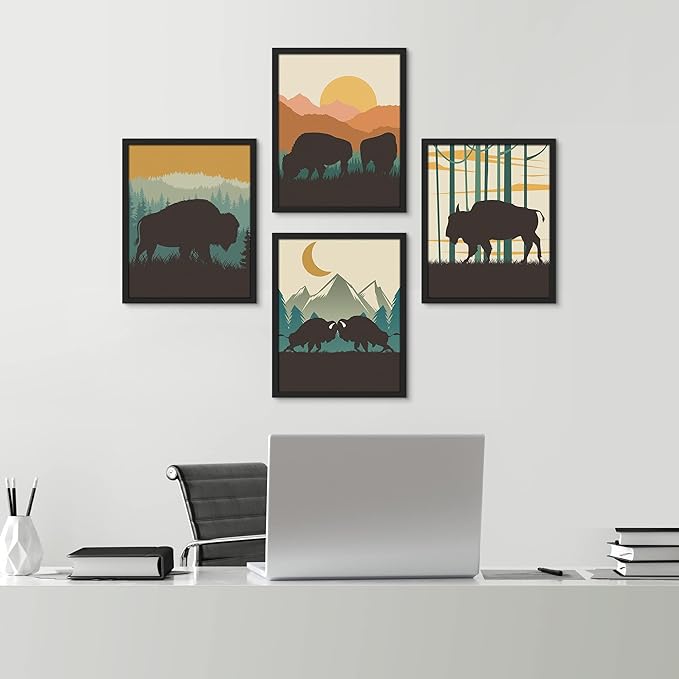 SIGNWIN Framed Country Farmhouse Vibrant Bison Wall Art, Set of 4 Silhouette Animals Wall Decor Prints, Wilderness Nature Wall D¨¦cor for Living Room, Bedroom - 12"x16" Black