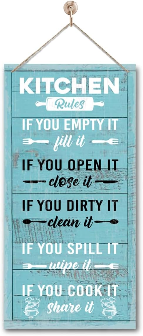Hanging Kitchen Rules Wood Decor Sign, Rustic Kitchen Wooden Signs, Printed Wood Wall Art Sign, Kitchen Door Rules Rustic Sign, Hanging Wood Sign Kitchen Decor, Funny Farmhouse Kitchen Wall Décor G1
