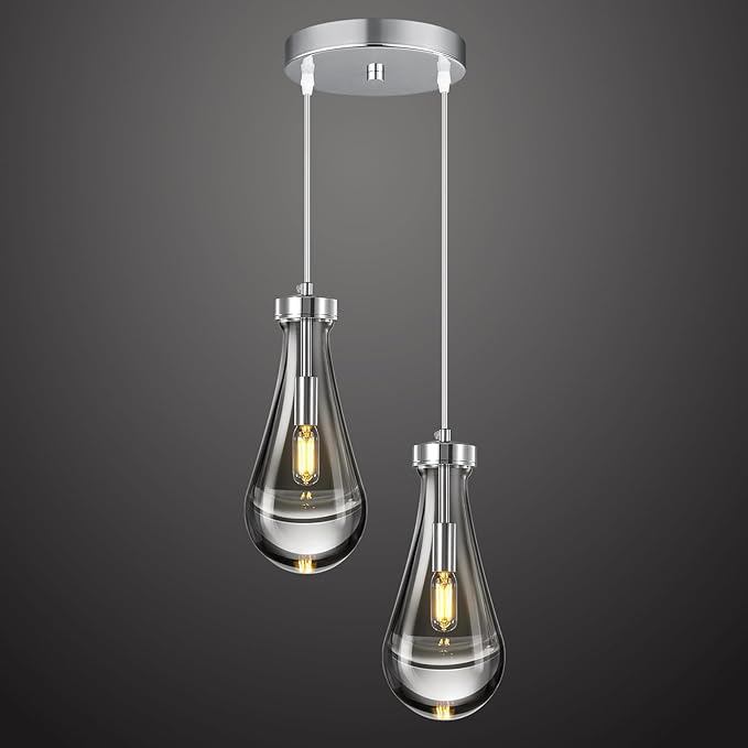 Raindrop Pendant Lights Kitchen Island Teardrop Chrome Hanging Light Fixtures Clear Solid Glass Pendant Light Modern Chandeliers for Dining Room Porch Corridor Living Room(2-Light)