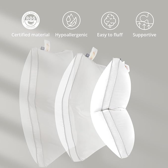 Globon Luxury Feather Down Pillow, Low Soft Fluffy Pillow Standard Queen Size, Gusseted Bed Pillows for Sleeping, Hotel Collection Pillows 18"X26", Set of 2