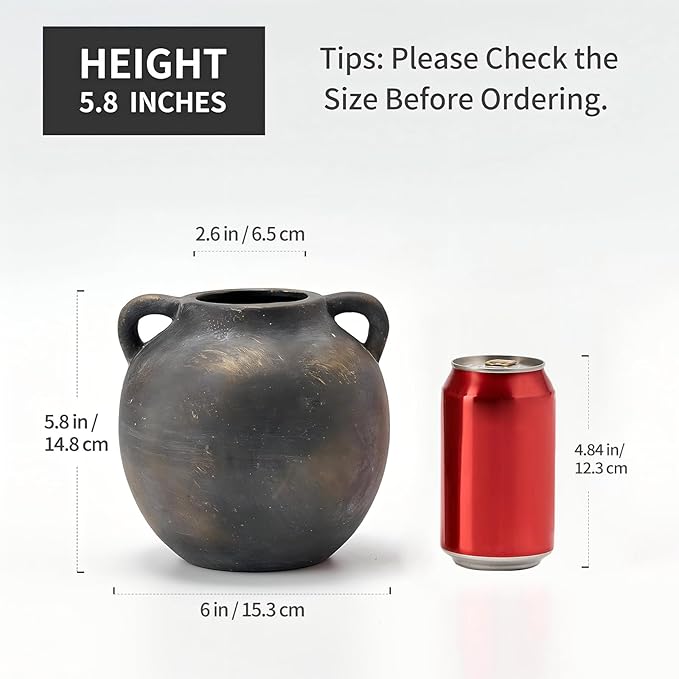 Ceramic Rustic Vase for Home Decor, 5.8 Inch Terracotta with Handles, Vintage Decorative for Flowers, Plants, Living Room, Table, Thanksgiving - Black Bronze