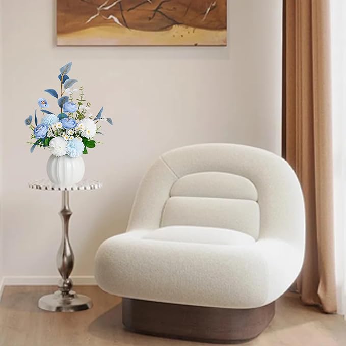 Artificial Flowers, Fake Flowers in Vase, Silk Flowers with Ceramic Vase, Faux Flowers Arrangement for Homes, Restaurants Decoration Dining Table Centerpiece Decor (White)