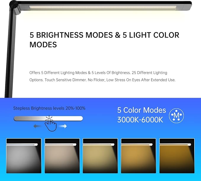 Ambertronix LED Desk Lamp with USB Charging Port, Dimmable Eye-Caring Reading Desk Light for Home, with 5 Brightness Level & 3 Lighting Modes, Touch Control, Auto Timer (Black)