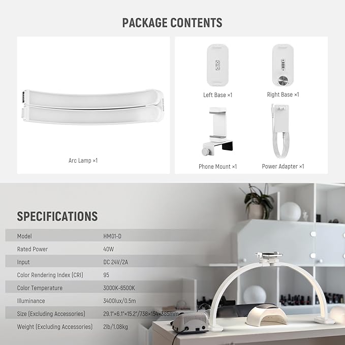 NEEWER Basic HM01-D 29" Arc Lamp, 40W Foldable LED Half Moon Table Nail Tech Light for Desk 3000K-6500K 3400lux/0.5m CRI95 USB Charging Phone Holder for Manicure Makeup Beauty Tattoo Overhead Shooting