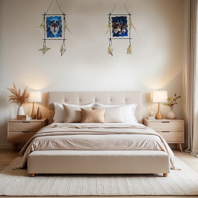 Remorelt Wolf Eagle Bear Dream Catcher Bedroom Wall Decor, Christmas Home Decoration, Room Accessory, White Moon Feather Decoration - Unique Home Craft Wall Pendant (DC06 Frame Set 2)