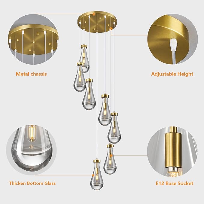 Raindrop Pendant Lights Kitchen Island Teardrop Gold Hanging Light Fixtures Clear Solid Glass Pendant Light Modern Chandeliers for Dining Room Porch Corridor Living Room(7-Light)