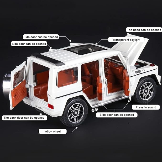 EROCK Exquisite Car Model Toy 1/24 Benz G63 Off-Road Model Car, Zinc Alloy Pull Back Toy Car with Sound and Light for Kids 4 Years Old Boys Girl Birthday Gift Children‘s Day Gift (White)
