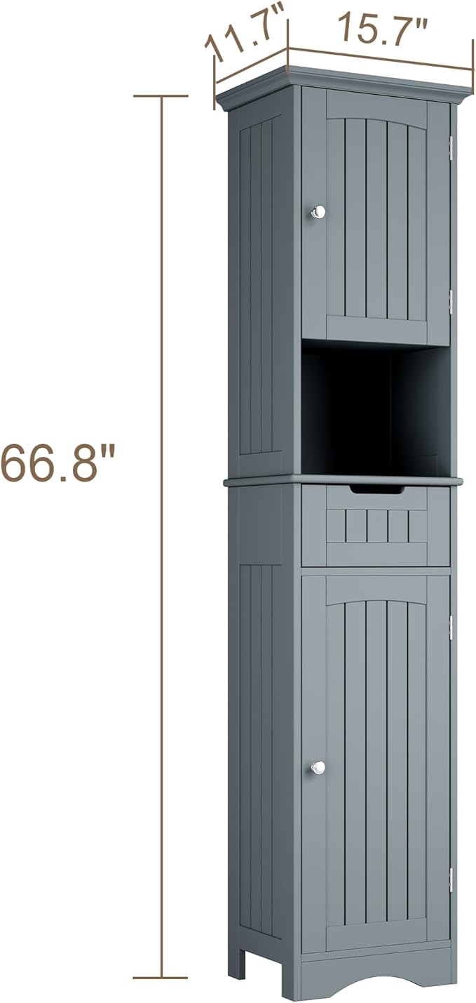 ChooChoo 67" Tall Bathroom Storage Cabinet Freestanding with Adjustable Shelves, Narrow Storage Linen Cabinet with 2 Doors and 1 Drawers for Bathroom, Living Room, Kitchen, Grey