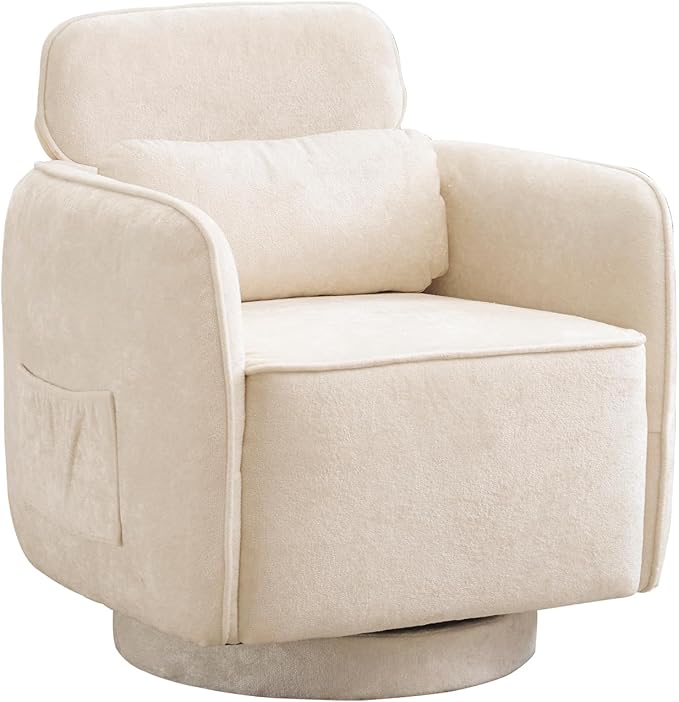 Modern 360° Swivel Accent Chair with Adjustable Headrest, Chenille Accent Chair for Living Room, Vanity Chair for Makeup，Swivel Barrel Chair with Lumbar Pillow, Comfy Barrel Armchair, Beige