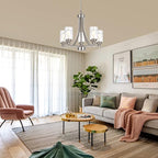 BONLICHT 5 Light Modern Chandeliers Brushed Nickel Kitchen Island Dining Room Lighting Fixtures Ceiling Hanging Clear Hammered Glass Pendant Lamp Transitional Pendant Lights for Living Room Foyer