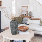 Briful Rustic Terracotta Flower Vase for Home Decor 12" Blue Farmhouse Textured Barrel-Style Ceramic Vase Vintage Handcrafted Gridded Design for Faux & Dried Flowers Living Room Table Centerpiece