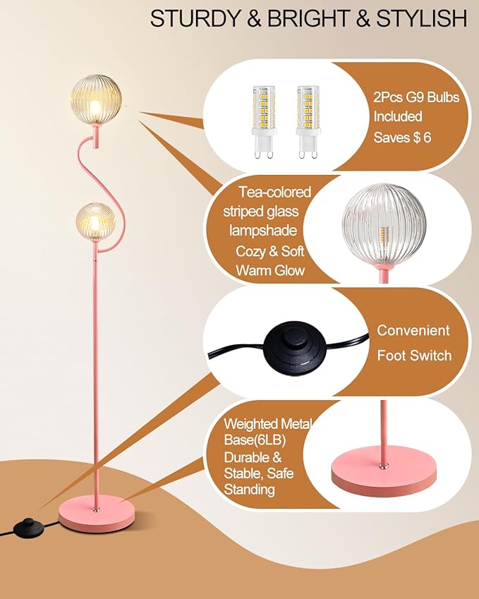Lightdot Pink Floor Lamp, Mid Century Tall Standing Lamps with Globe Clear Glass Shade Soft Warm White Eye Care 3000K Bulbs Included, Modern Unique Floor Lamp for Living Room Bedroom