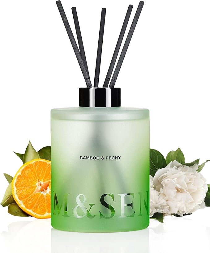 M&SENSE Bamboo Peony Reed Diffuser Set - 16.9 fl oz Non-Toxic Natural Scented with Sticks, Long-Lasting Essential Oil Diffuser Gift for Bedroom, Bathroom & Office Decor