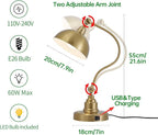 Vintage Brass Gold Desk Lamp Decorative Table Lamp for Home Office Living Room Bedroom Desk Light, Rustic Industrial Farmhouse Antique Library Study Desk Lamp E26 LED Bulb Included
