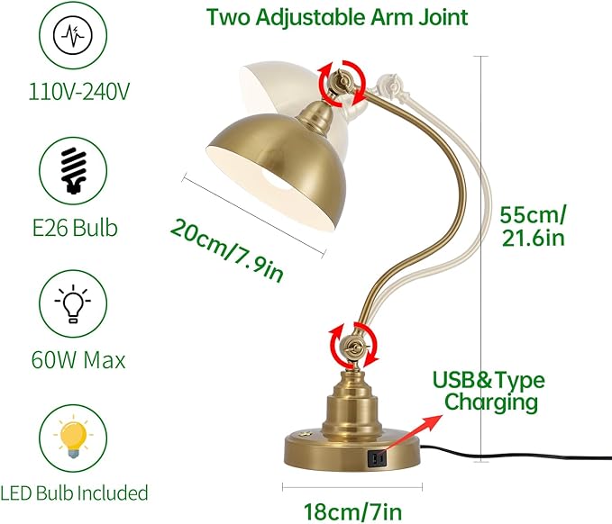 Vintage Brass Gold Desk Lamp Decorative Table Lamp for Home Office Living Room Bedroom Desk Light, Rustic Industrial Farmhouse Antique Library Study Desk Lamp E26 LED Bulb Included