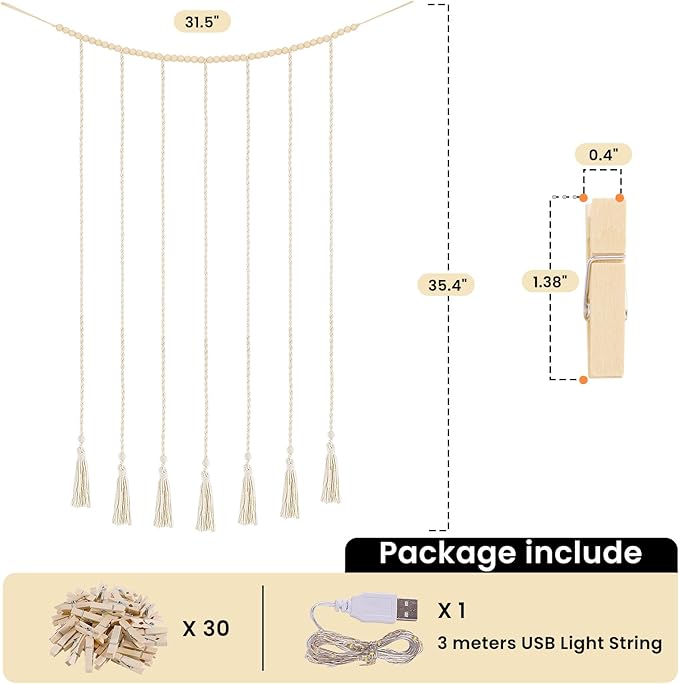 Macrame Hanging Photo Display Boho Wall Decor with String Lights Wooden Beads Garland Picture Frame Collage Holder with 30 Clips for Room, Bedroom, Dorm, Christmas Teenage Teen Girl Gifts (Beige, Medium)