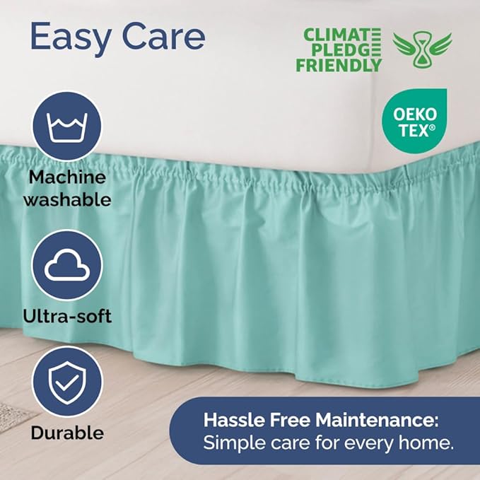 Wrap Around Dust Ruffle Bed Skirt - Spa Blue - for Queen Size Beds with 21 Inch Drop - Elastic Strap - Adjustable Pleated Bedskirt with Brushed Fabric and Wrinkle Free - for Women, Men, Kids & Teens