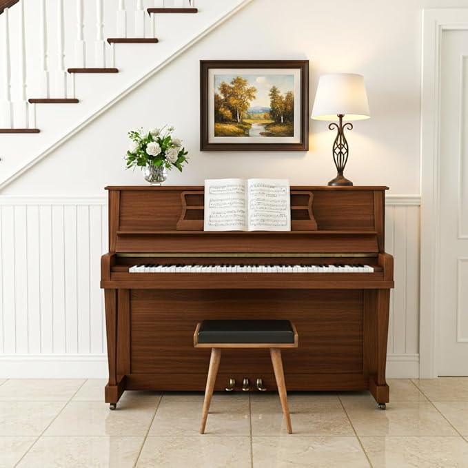 Walnut Ottoman Stool for Living Room | Upholstered in Faux Black Leather Fabric | Versatile as a Piano Bench | Ideal Bedroom Bench | Functional Footstool Bench