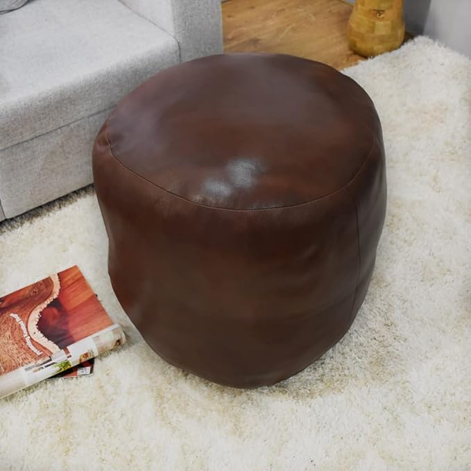 Round Shaped Goat Leather Handmade Eco-Friendly Brown Pouf - 18" x 18" x 18", Plain Solid, Recycled Cotton Filled Stuffed Leather Seating PF12