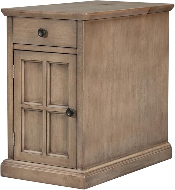 Traditional Wooden Narrow End Table with Charging Station, Modern Vintage Sofa Side Table Storage and Multifunctional Drawer, Antique Brown for Living Room, Bedroom, Office, No Assembly