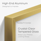 Homeforia 14x14 Picture Frame Gold, High End Metal 14 x 14 Square Poster Frame with Mat 12 x 12 Photo, 14x14 Frame Matted to 12x12 Print, 14by14 Gold Hanging Frames, Tempered Glass, Wall Kit, Set of 1