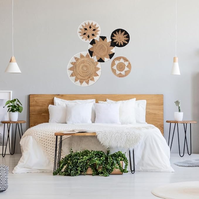 Tebie At Home Boho Wall Art - Boho Wall Baskets Decor - Handmade Set of 5 Woven Baskets With Seagrass - Flat Elegant Art for Farmhouse and Rattan Decor for Living Room, Bedroom and Office