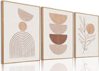 Bwodke Framed Boho Canvas Wall Art Mid Century Modern Prints Set of 3 Neutral Geometric Line Leaf Paintings Decor Minimalist Abstract Pictures Bedroom Living Room Bathroom