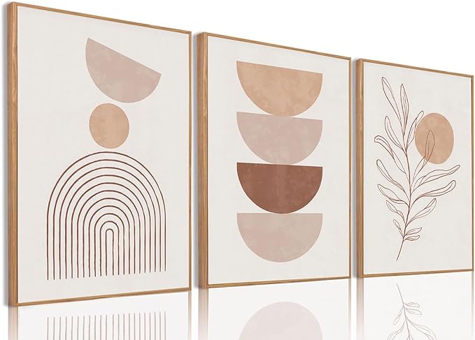 Bwodke Framed Boho Canvas Wall Art Large Mid Century Modern Prints Set of 3 Neutral Geometric Line Leaf Paintings Decor Minimalist Abstract Pictures Bedroom Living Room Bathroom
