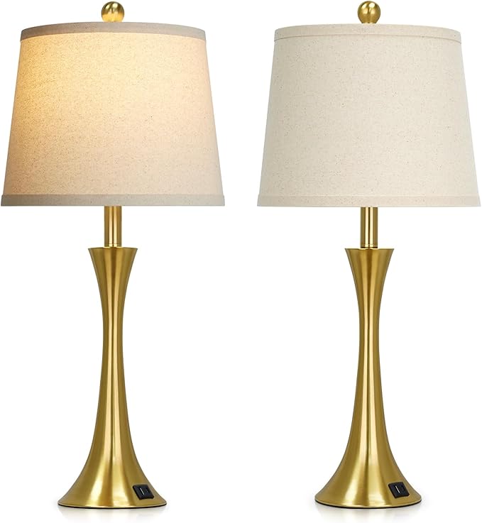 27.5" Gold Lamps Set of 2, Touch Control 3-Way Dimmable Bedside Nightstand Lamps Bedroom Lamp,Modern Gold Table Lamp with USB A+C Ports,Tall Lamps for Living Room End Table Home Office