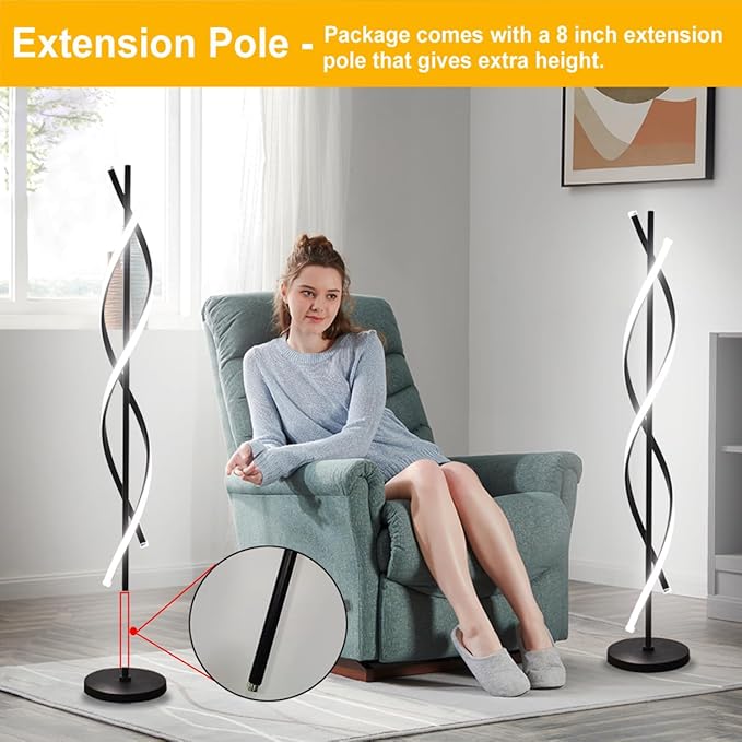 Modern Spiral Floor Lamps for Living Room, 40W LED Floor Lamp with Remote Control, 60 Inch 3 Color Temperatures & Dimmable Brightness Corner Standing Lamp Black Floor Lamp for Bedroom, Office