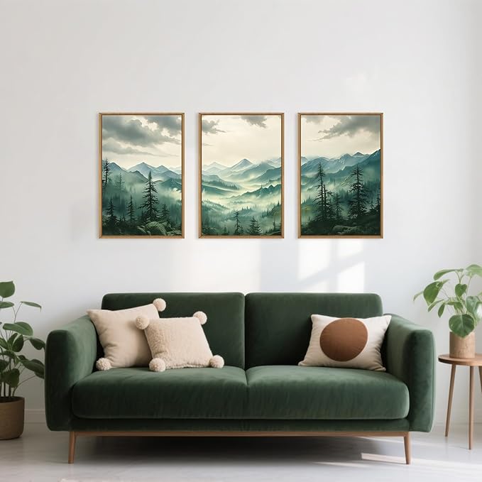Celestdeco Green Foggy Mountain Framed Canvas Wall Art Set, Misty Forest Wall Decor, Watercolor Pine Tree Wall Painting, Large Nature Landscape Art Print for Living Room, Bedroom, Office - 24"X36"X3