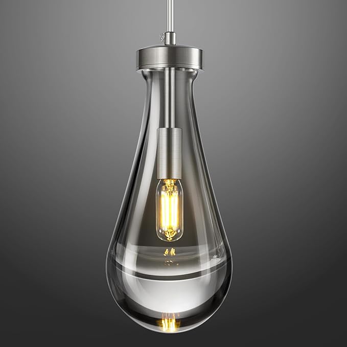 Raindrop Pendant Lights Kitchen Island Teardrop Nickel Hanging Light Fixtures Clear Solid Glass Pendant Light Modern Chandeliers for Dining Room Porch Corridor Living Room(1-Pack)