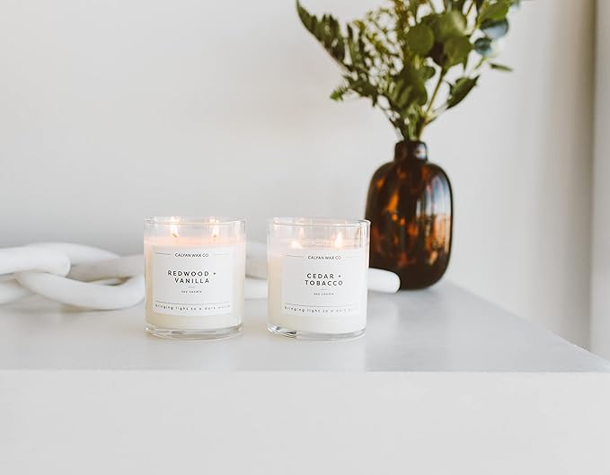 Calyan Wax Co. 2 Wick Candle, Redwood + Vanilla Scented Candle, 37 Hour Burn Time, Aromatherapy Soy Candles, Non Toxic & Vegan Soy Wax, Glass Tumbler Scented Candles, 8.8oz