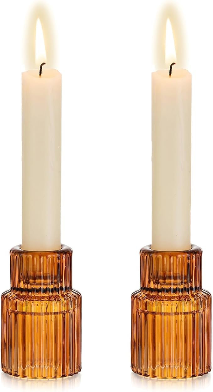 Hewory Glass Taper Candle Holders: 2PCS Amber Elegant Candle Holder Candlestick Holders Bulk, Ribbed Glass Candle Holder Candle Sticks Holder Decor for Table Centerpiece Fall Thanksgiving Home Decor
