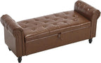 Furniliving 55” End of Bed Bench, Bedroom Bench with Button-Tufted, Large Upholstered Storage Ottoman Entryway Bench with Storage Shoe Cabinet Bench, for Bedroom, PU, Brown