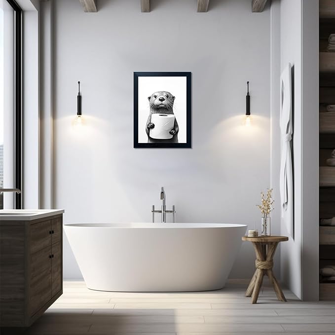 Black and White Bathroom Wall Art, Funny Bathroom Wall Decor, Toilet Paper in Raccoon's Hand Art Decor, Framed Animal Painting for Wall