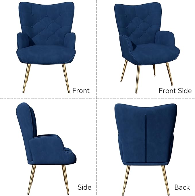 Nalupatio Mid Century Modern Velvet Accent Chair, Tufted Button High Back Chair, Upholstered Wingback Armchair with Metal Legs, High Back Side Chair for Living Room Bedroom, Blue