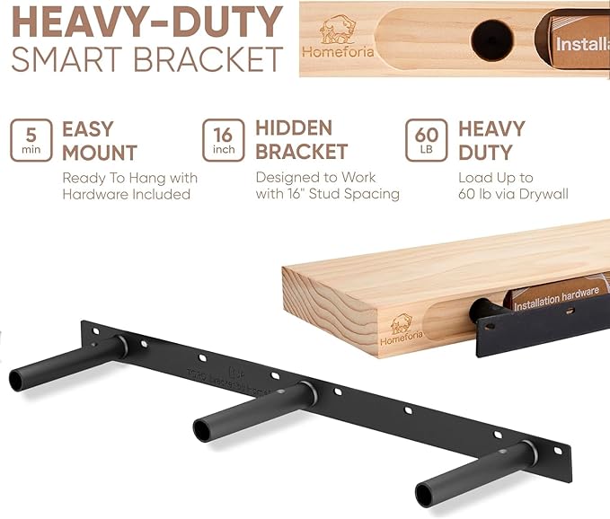 Homeforia Floating 60 inch Oak Shelves, High End Solid Real Wood 60inch Floating Shelf for Wall Mounted, Honey Oak Wooden 60in Large Floating Shelves, Heavy Duty Bracket, 60 X 6.5 X 1.75 in, Set of 3