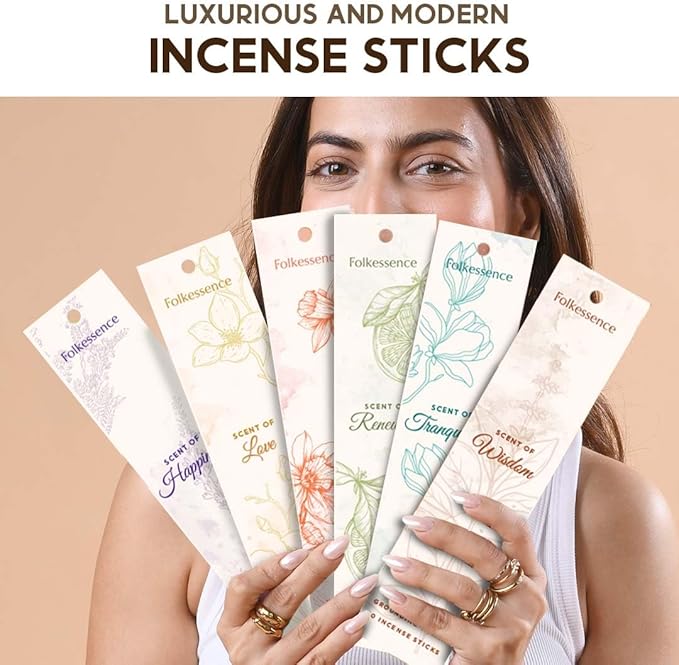 Folkulture Incense Stick with Holder | Set of 6 (120 Fall Insence-Sticks) with 45 Min Burn Time | Non Toxic Myrrh & Lavender Inscents-Stick | Organic Citrus Fall Scents, Vanilla Caramel Incienso