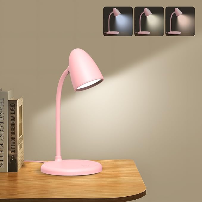 LED Desk Lamp for Home Office,3 Light Colors,Flexible Gooseneck Table Lamp,Dimmable Reading Light for Bedside Small Desk Lamp for College Dorm Room,Bedroom Desk Light Pink