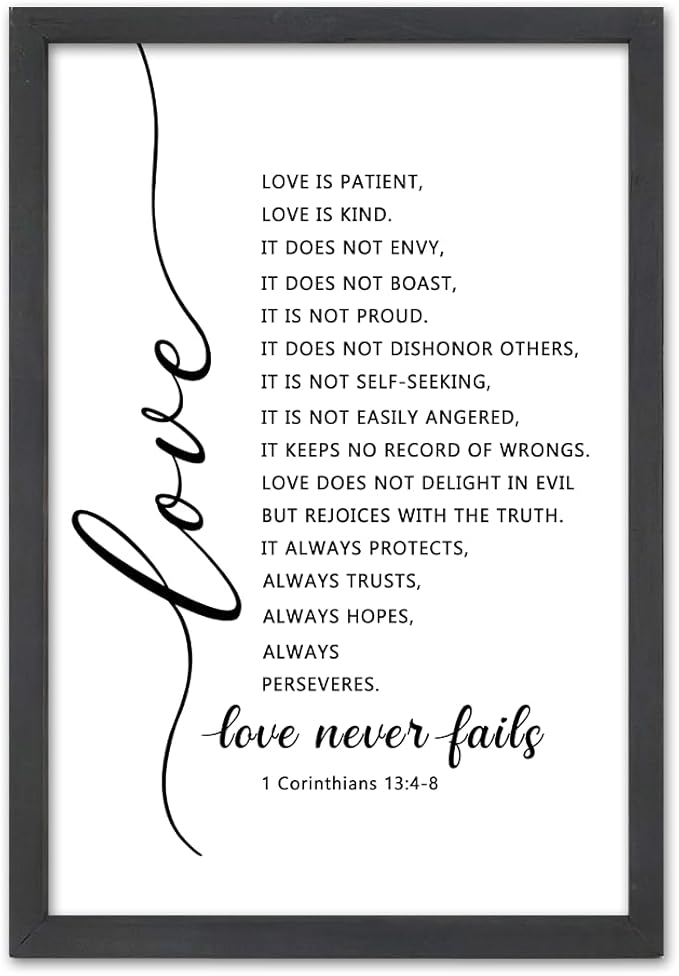 FZMHASLWW Love Is Patient Kind Wall Decor 16"×11" Love Never Fails 1 Corinthians 13 Bible Verse Sign Wood Framed Wall Hanging Art (Black)