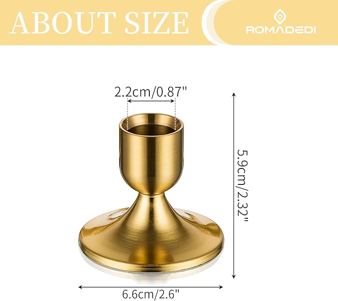 Gold Candlestick Candle Holders for Taper, 2 PCS Romadedi Gold Brass Color Candle Stick Candle Holder for Table Centerpiece, Wedding Reception, Festive Christmas Mantel Decoration or Home Decor
