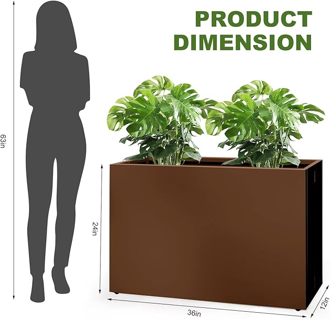 Galvanized Steel Planter Box-No Installation Required Metal Rectangular Block Long Box Planter Modern Outdoor Planters All-Weather Use with Drainage Holes for Patio/Porch, 36×24×12IN（Brown）