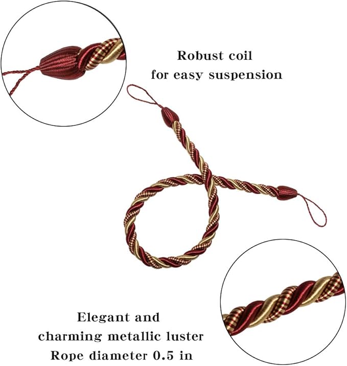 BEL AVENIR Curtain Ropes Tiebacks Tie-Backs, Curtain Handmade Holdbacks with 2 Metal Screw Hooks (MIX red, 2pack)