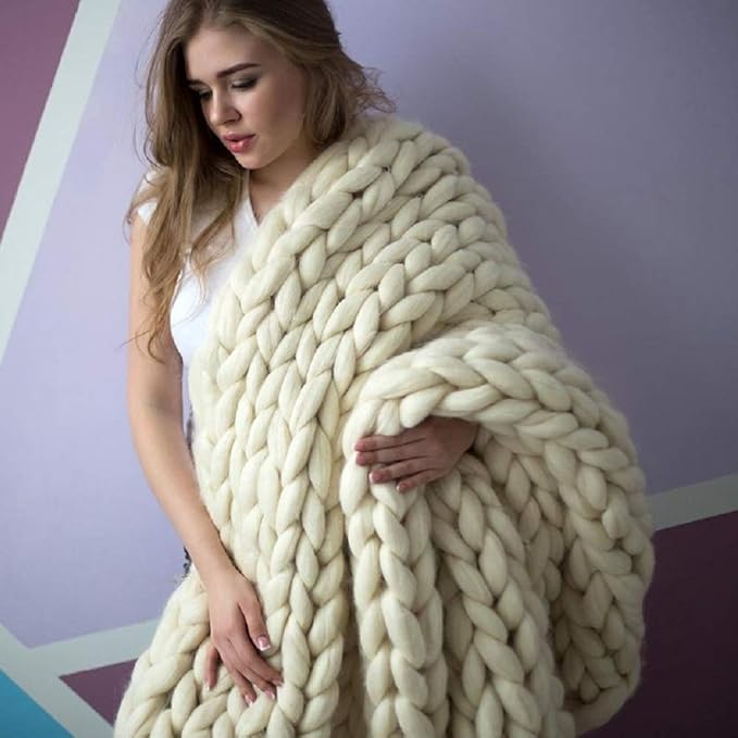 Chunky Knit Blanket Hand Made Merino Wool Throw Boho Bedroom Sofa Home Decor Giant Yarn(Ivory White 47"x71")
