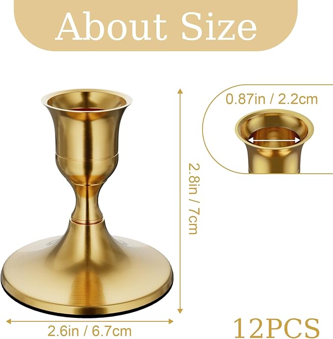 12PCS Brass Gold Taper Candle Holders Set, Vintage Metal Candlestick Holders for Dinner Room Table Centerpiece or Mantel Wedding Party Decor