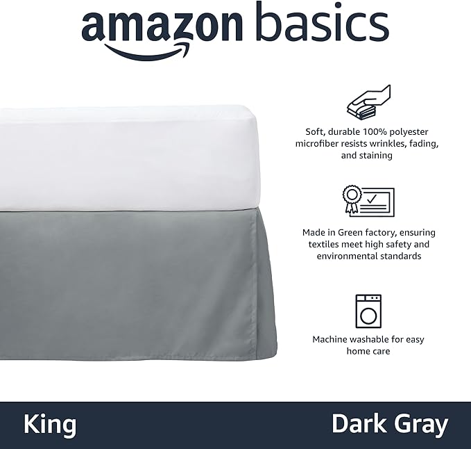 Amazon Basics Lightweight Pleated Bed Skirt, King, Dark Grey, Solid