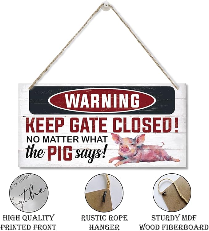 Rustic Warning Gate Plaque - Decorative Wooden Pig Sign for Farm Fence & Wall Gate Decor