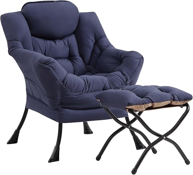 Cozy Lazy Chair and Ottoman, Large Contemporary Accent Lounge Chair Set, Leisure Upholstered Reading Armchair for Bedroom, Living Room, Dorm Rooms, Office